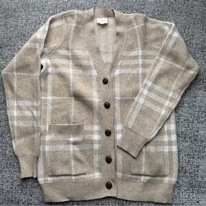 Cyrus Button Down Cardigan Sweater Tan Plaid Preppy Academia Thick Soft Medium